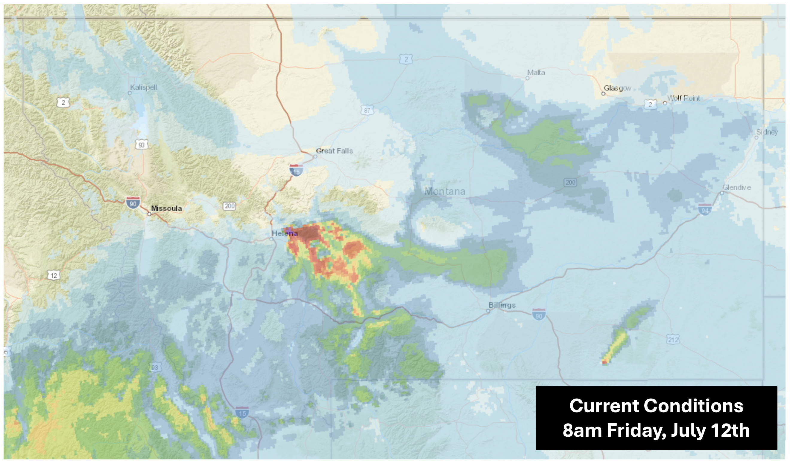 HRRR model 8am conditions for near-surface smoke in Montana. Smoke is heaviest in South-Central Montana due to the Horse Gulch Fire near Helena.